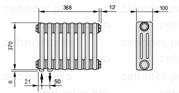 Схема (чертеж) Радиатор Zehnder Charleston 3037/8 №3370 Белый глянцевый RAL 9016
